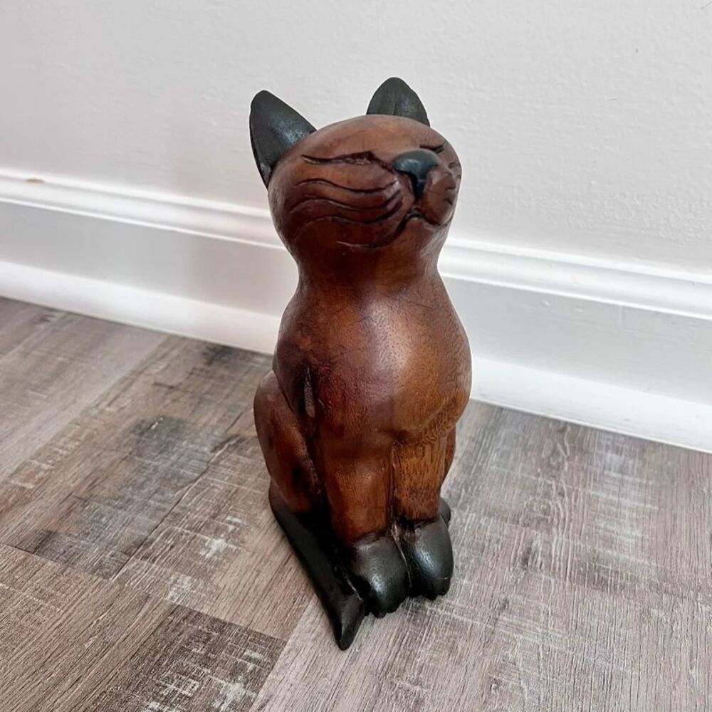 Vintage Carved Wood Cat Figurine Medium Sized Stained Black Feet & Tail 8” H